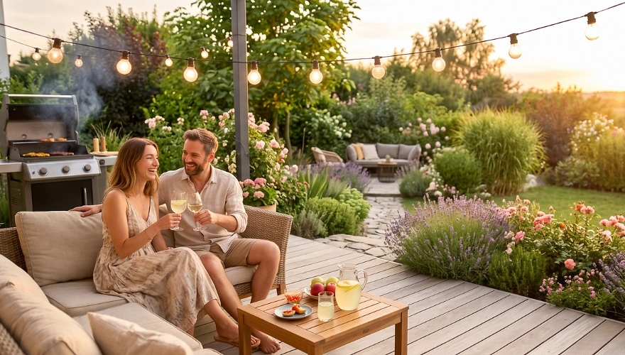 Paar genie&szlig;t den Sommerabend auf der Terrasse