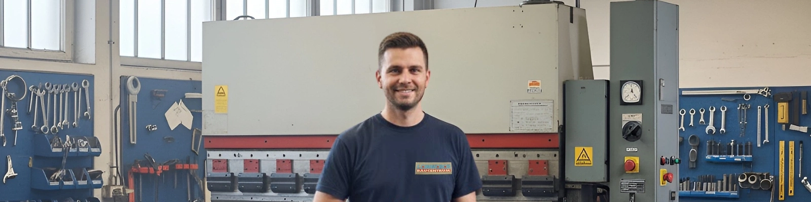 Metallbauer steht vor einer Kantbank in der Werkstatt