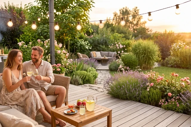 Paar genie&szlig;t den Sommer auf der Terrasse