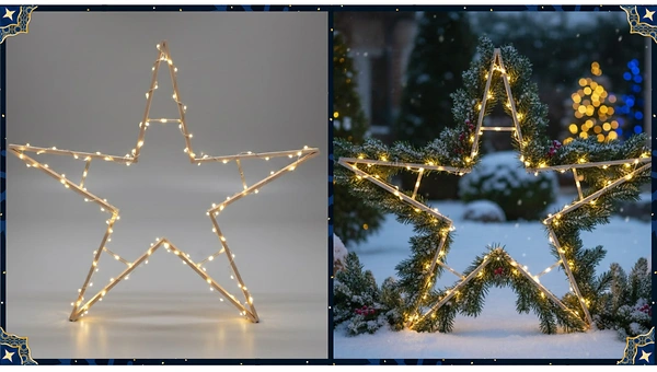 Dekorierter Weihnachtsstern aus Holzböcken mit Lichterkette