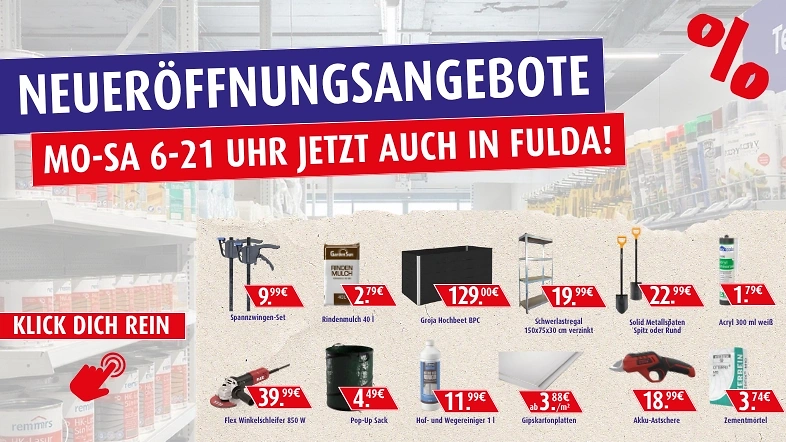 Neuer&ouml;ffnungsangebote f&uuml;r Baustoffe und Werkzeuge in Fulda