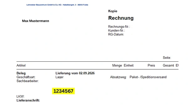 Shop-Bestelnummer in der Rechnung