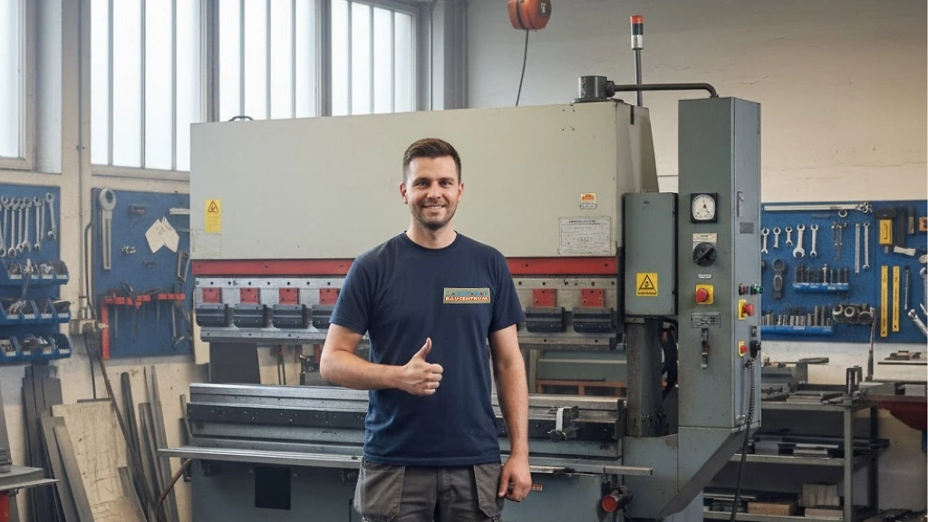 Metallbauer steht vor einer Kantbank in der Werkstatt