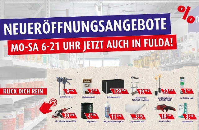Neuer&ouml;ffnungsangebote f&uuml;r Baustoffe und Werkzeuge in Fulda