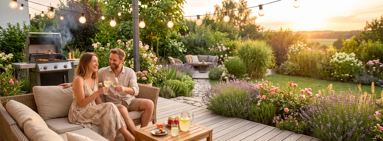 Ein paar genie&szlig;t den Sommer auf der Terrasse