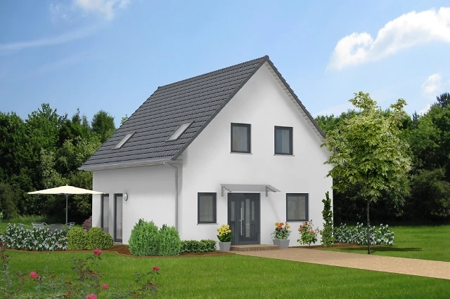 Einfamilienhaus wei&szlig; mit schwarzem Dach