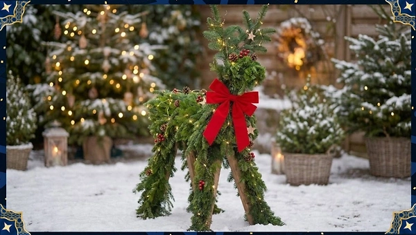 Rentier aus Holzklappb&ouml;cken im Garten stehend