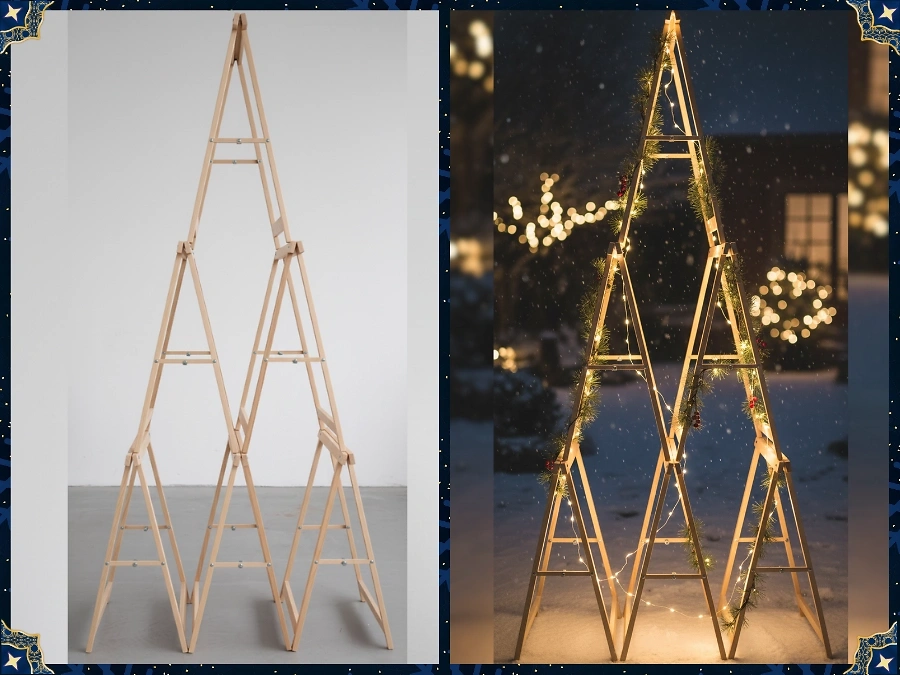 Weihnachtsbaum aus Holzklappböcken vorher nachher