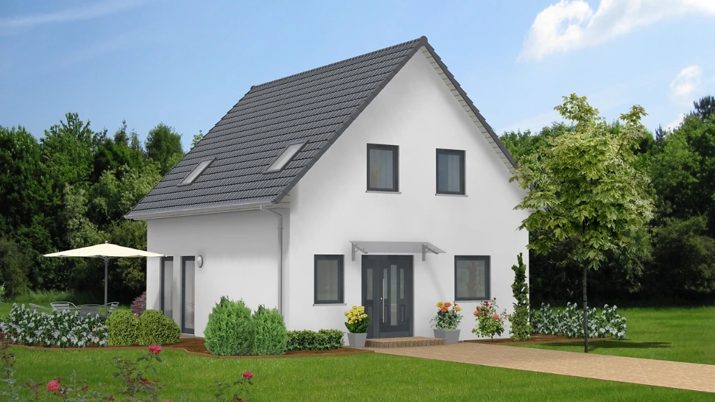 Einfamilienhaus wei&szlig; mit schwarzem Dach