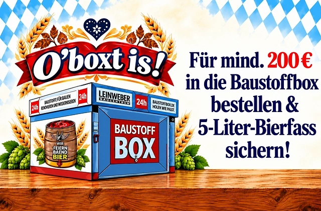 F&uuml;r 200€ in die Baustoffbox bestellen und ein gratis Bierfass sichern.
