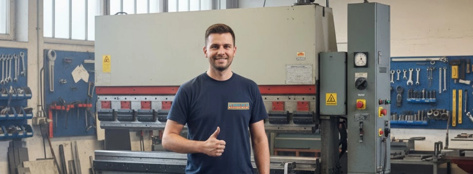 Metallbauer steht vor einer Kantbank in der Werkstatt