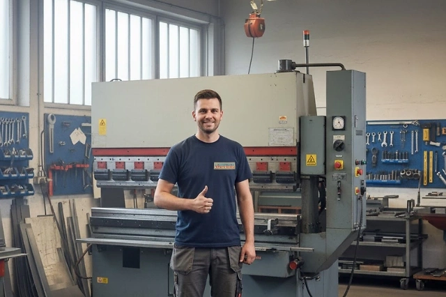 Metallbauer steht vor einer Kantbank in der Werkstatt