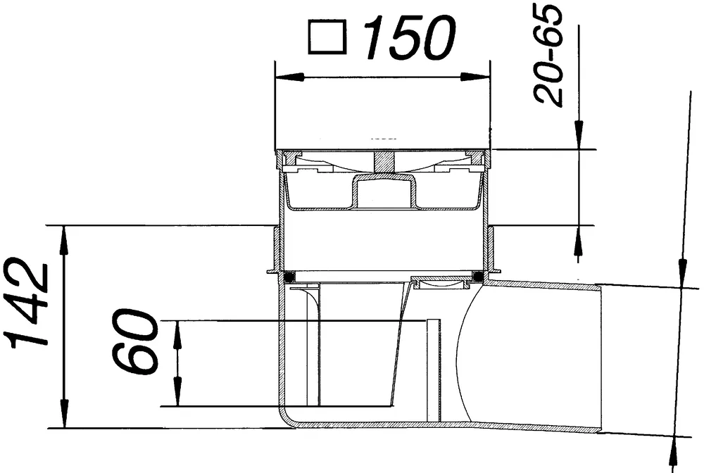 Kellerablauf 15x15 cm DN 70 waagerecht