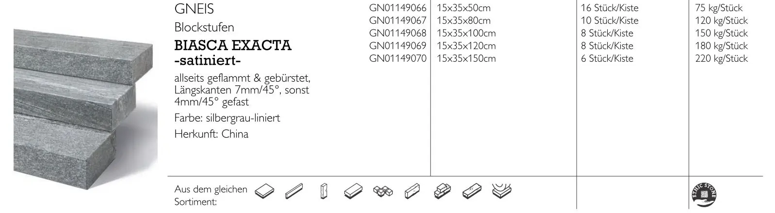 Gneis-Blockstufe Biasca Exacta satiniert